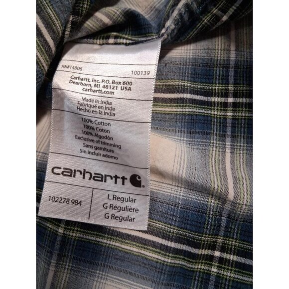 Carhartt Mens Plaid Button-Up Shirt L Regular Green Blue & White 100% Cotton Lon - Picture 3 of 7
